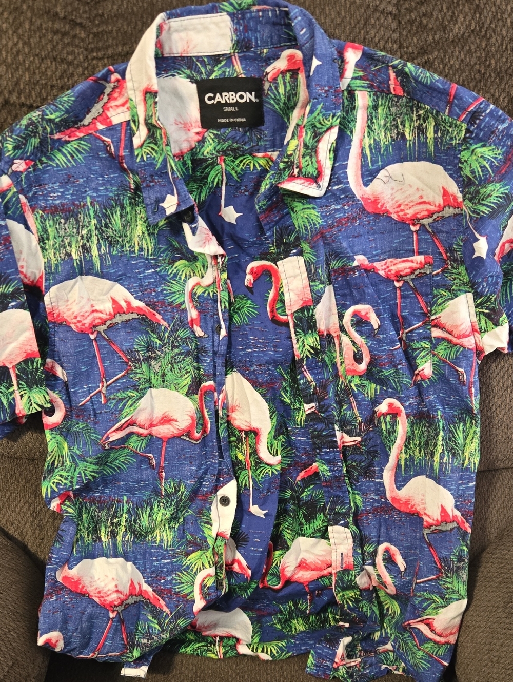 Carbon Blue Flamingo Print Button-Down Shirt